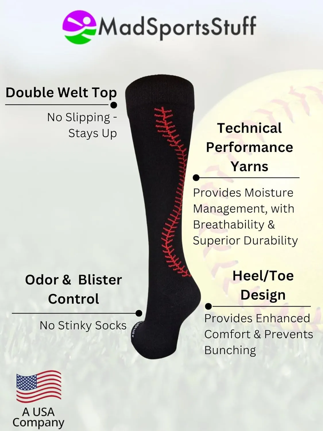 MadSportsStuff Softball Socks with Stitches for Girls and Women Youth and Adult Sizes in Over the Calf Length Kids