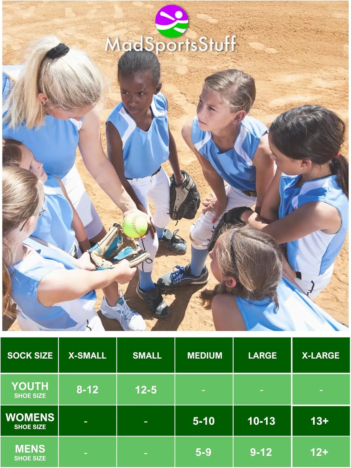 MadSportsStuff Softball Socks with Stitches for Girls and Women Youth and Adult Sizes in Over the Calf Length Kids
