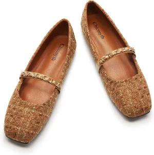 Mary Jane Flats;Square Toe Metal Chain Flats;Tweed Fabric Delicate and Elegant Women Shoes