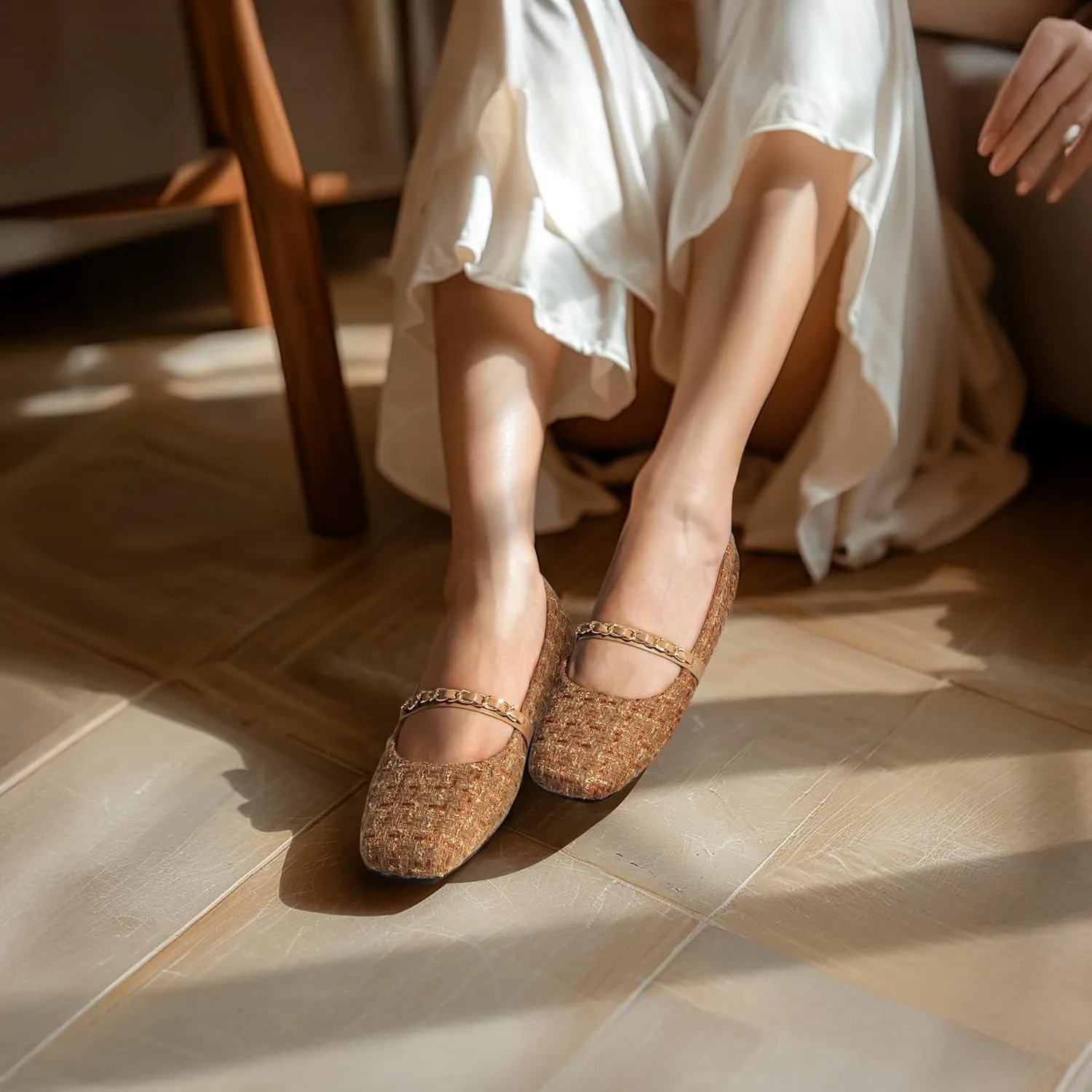 Mary Jane Flats;Square Toe Metal Chain Flats;Tweed Fabric Delicate and Elegant Women Shoes