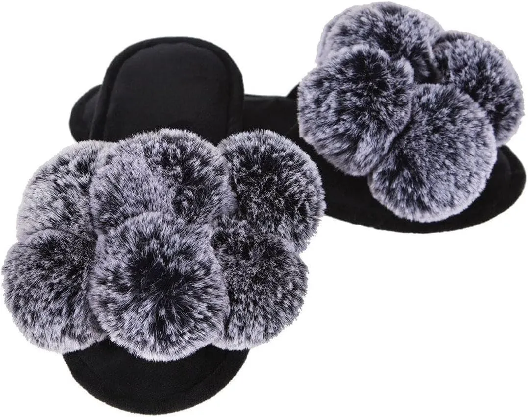 MeMoi Women's Luxe Pom-Pom Memory Foam Plush Slippers