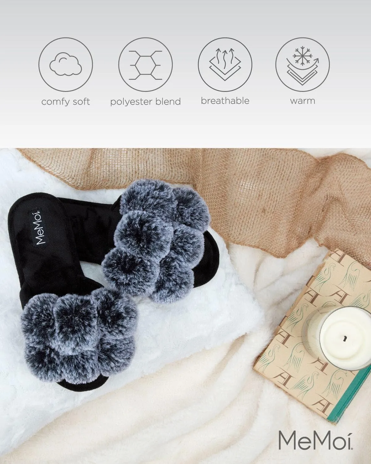 MeMoi Women's Luxe Pom-Pom Memory Foam Plush Slippers