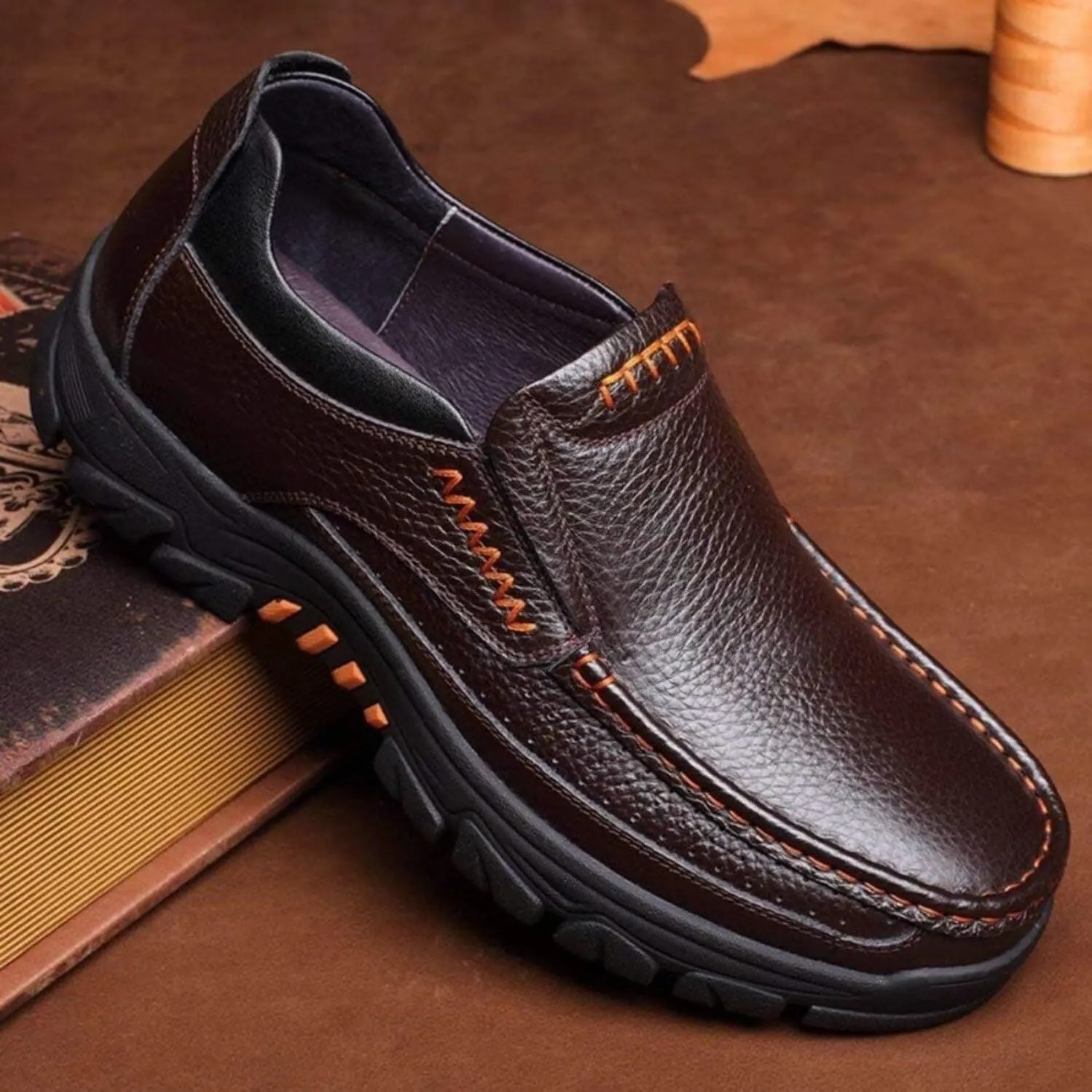 Mens Fashion Cow Leather Shoes Genuine Soft Slip On Waterproof Comfy Non Slip Casual Oxfords for Man(Coffee,10)