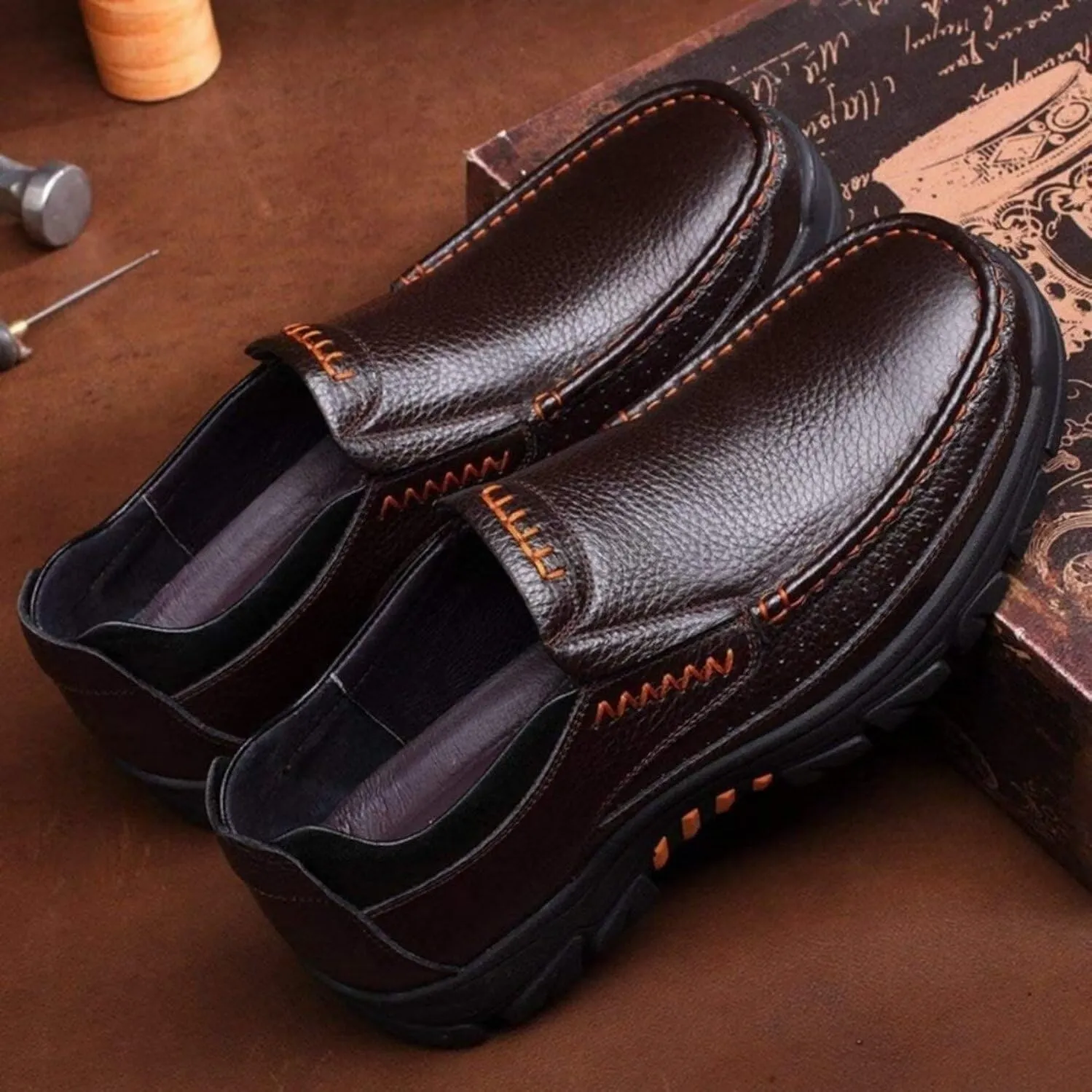 Mens Fashion Cow Leather Shoes Genuine Soft Slip On Waterproof Comfy Non Slip Casual Oxfords for Man(Coffee,10)