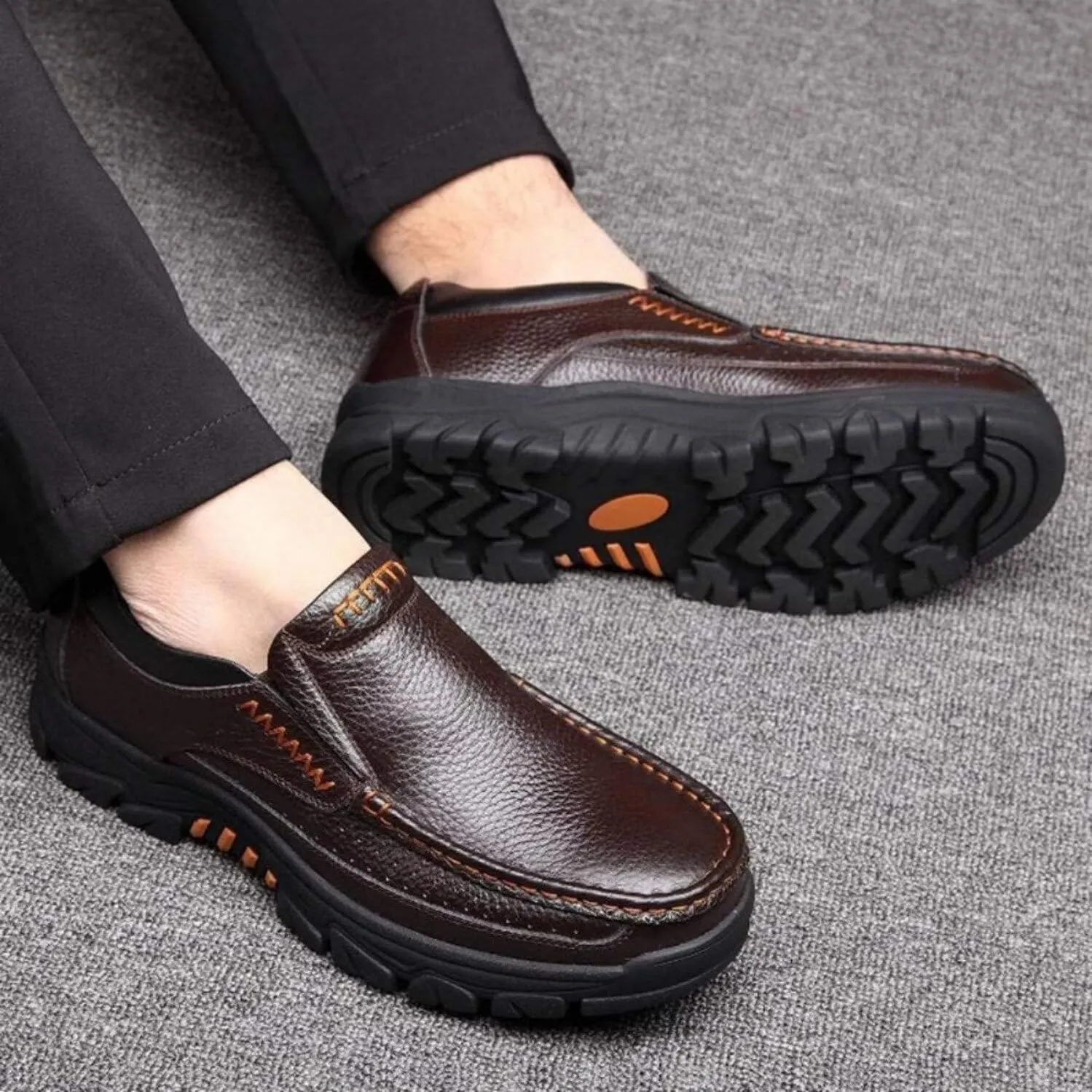 Mens Fashion Cow Leather Shoes Genuine Soft Slip On Waterproof Comfy Non Slip Casual Oxfords for Man(Coffee,10)