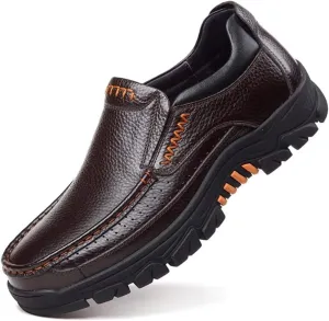 Mens Fashion Cow Leather Shoes Genuine Soft Slip On Waterproof Comfy Non Slip Casual Oxfords for Man(Coffee,10)