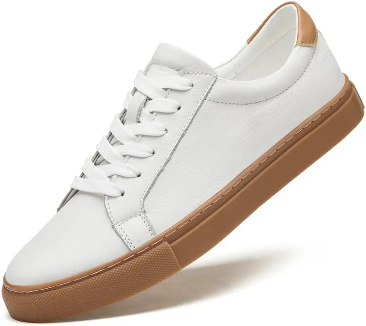 Men's Genuine Leather Sneakers, Casual Flat Skateboarding Shoes, Black, Large Sizes