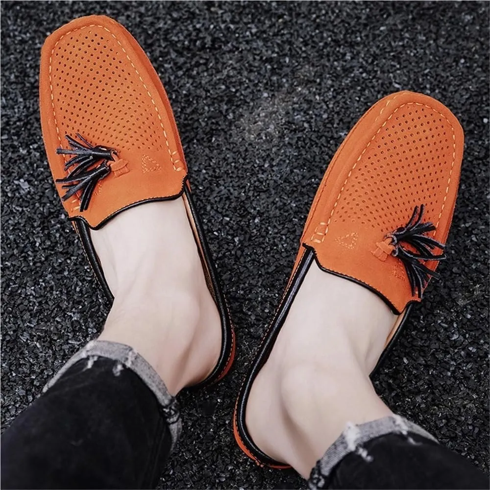 Mens Loafers Shoes Genuine Leather Tassel Stitching Details Perforated Breathable Flexible Comfortable Lightweight Flat Heel Slip Resistant