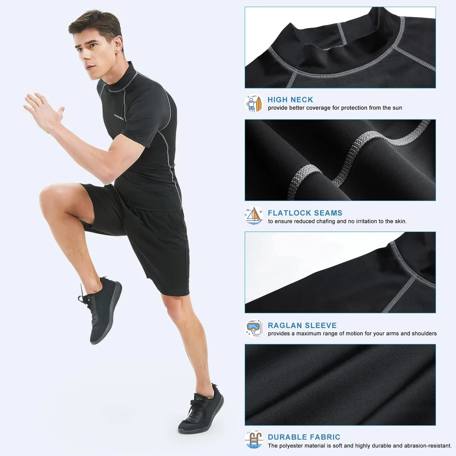 Mens Rash Guard Long Sleeve Swim Shirts for Men UPF 50  UV Protection Compression Short Sleeve Water Shirts Quick Dry
