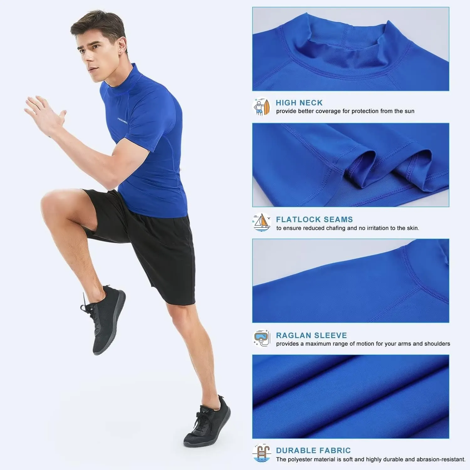 Mens Rash Guard Long Sleeve Swim Shirts for Men UPF 50  UV Protection Compression Short Sleeve Water Shirts Quick Dry