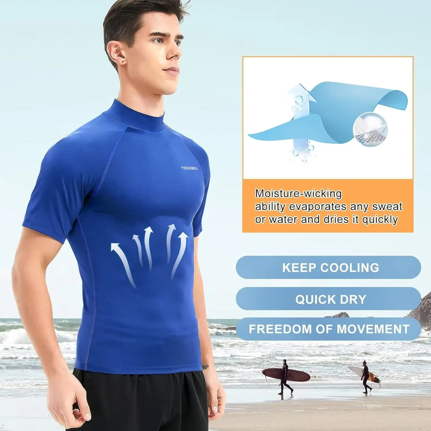 Mens Rash Guard Long Sleeve Swim Shirts for Men UPF 50  UV Protection Compression Short Sleeve Water Shirts Quick Dry
