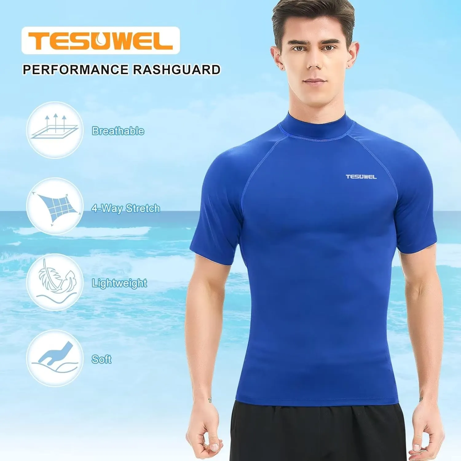 Mens Rash Guard Long Sleeve Swim Shirts for Men UPF 50  UV Protection Compression Short Sleeve Water Shirts Quick Dry