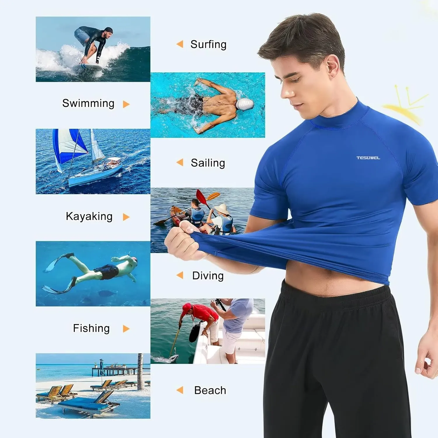Mens Rash Guard Long Sleeve Swim Shirts for Men UPF 50  UV Protection Compression Short Sleeve Water Shirts Quick Dry