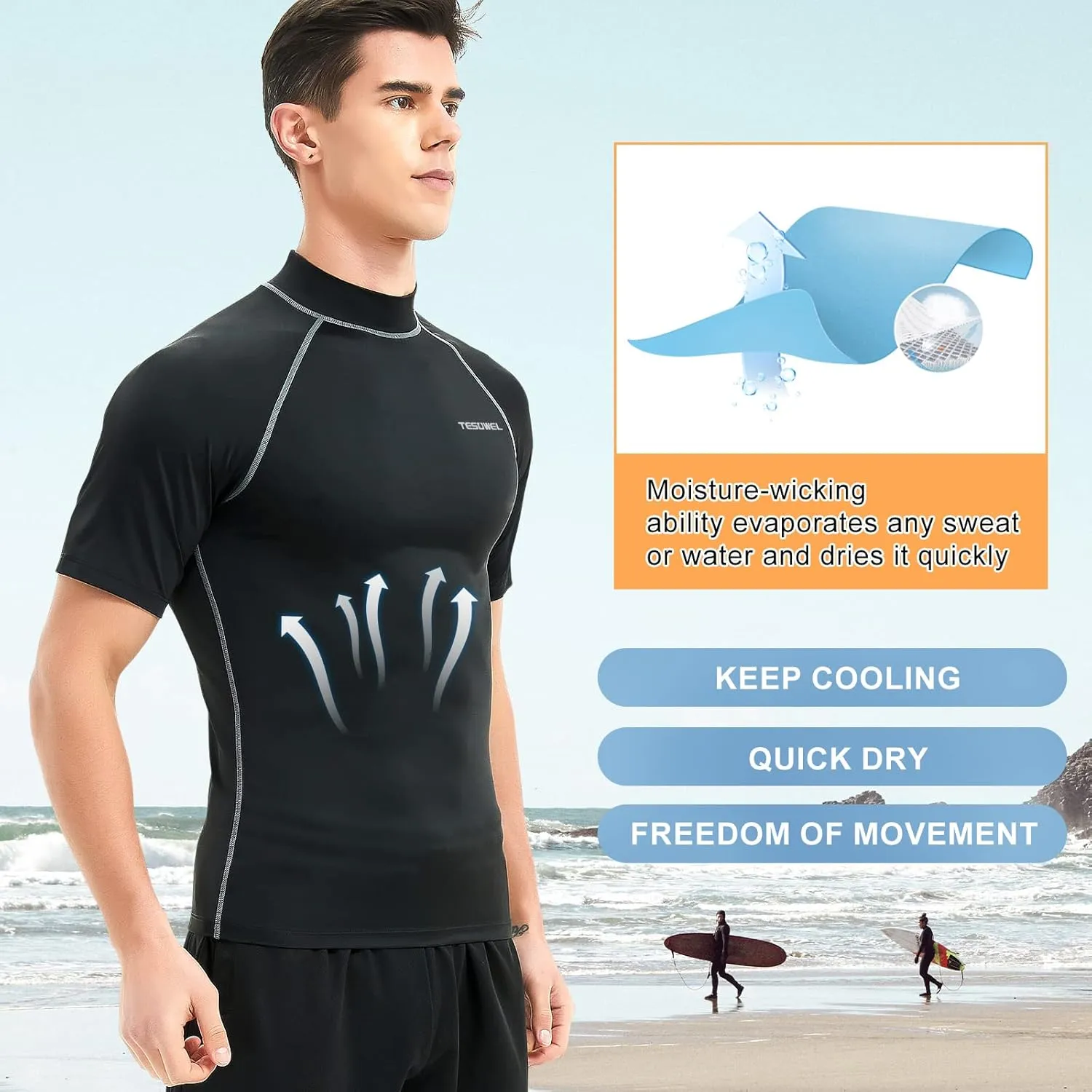 Mens Rash Guard Long Sleeve Swim Shirts for Men UPF 50  UV Protection Compression Short Sleeve Water Shirts Quick Dry