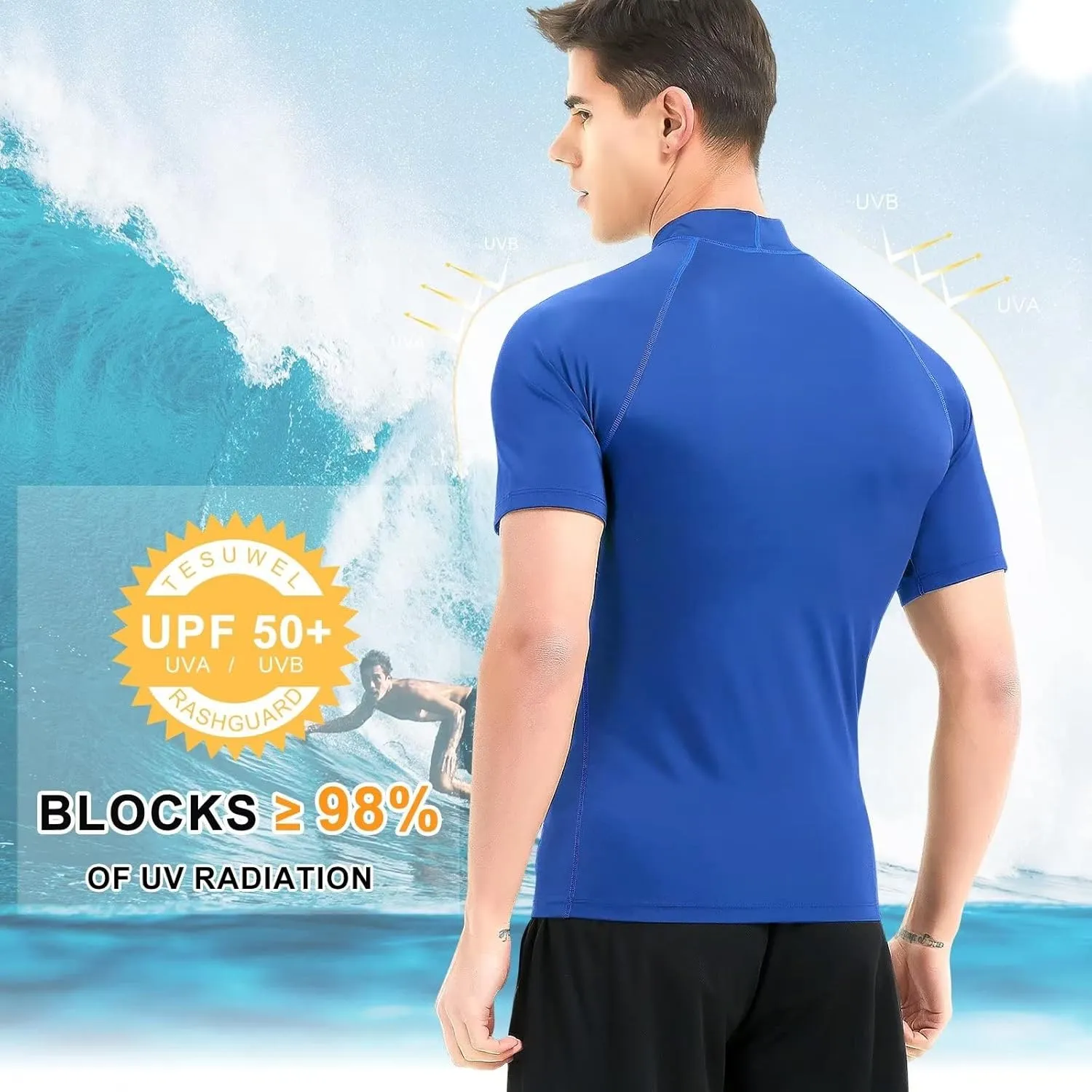 Mens Rash Guard Long Sleeve Swim Shirts for Men UPF 50  UV Protection Compression Short Sleeve Water Shirts Quick Dry