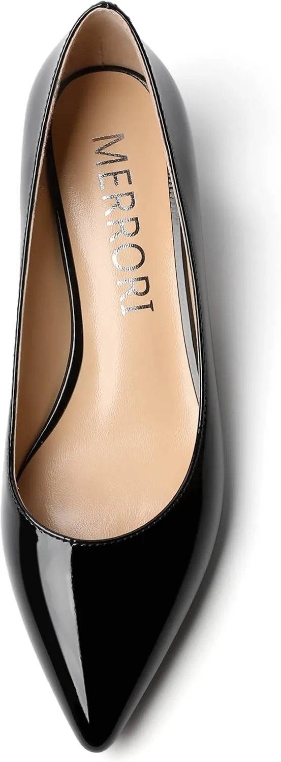 MERRORI Womens Casual Pointed Toe Slip On Office Solid Chunky Low Heel Pumps Shoes 1.5 Inch