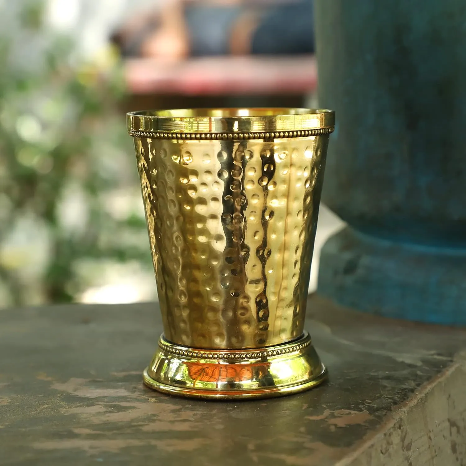 Mint Julep Cups For Bourbon Cocktail Moscow Mule Classic Beaded Trim Border Made by Soild Brass Capacity-12 Ounce (Hammered, 2)