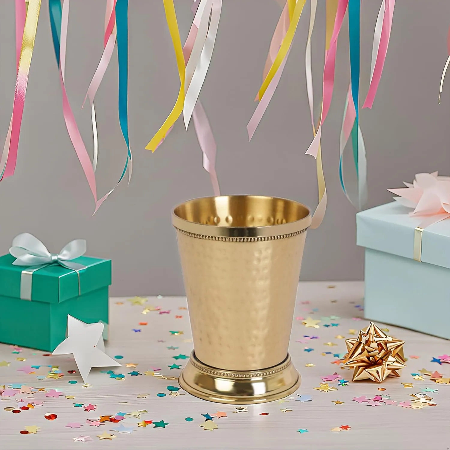 Mint Julep Cups For Bourbon Cocktail Moscow Mule Classic Beaded Trim Border Made by Soild Brass Capacity-12 Ounce (Hammered, 2)