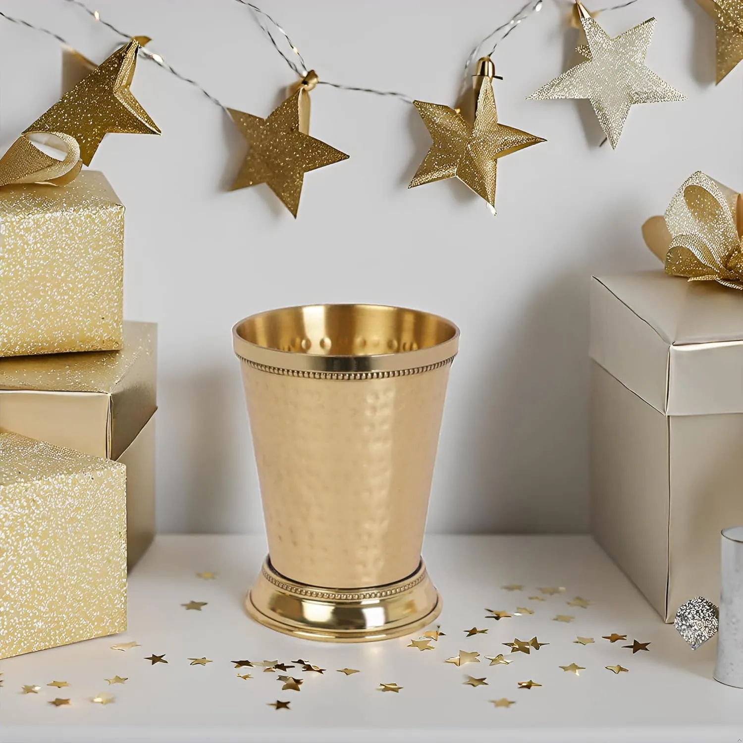 Mint Julep Cups For Bourbon Cocktail Moscow Mule Classic Beaded Trim Border Made by Soild Brass Capacity-12 Ounce (Hammered, 2)