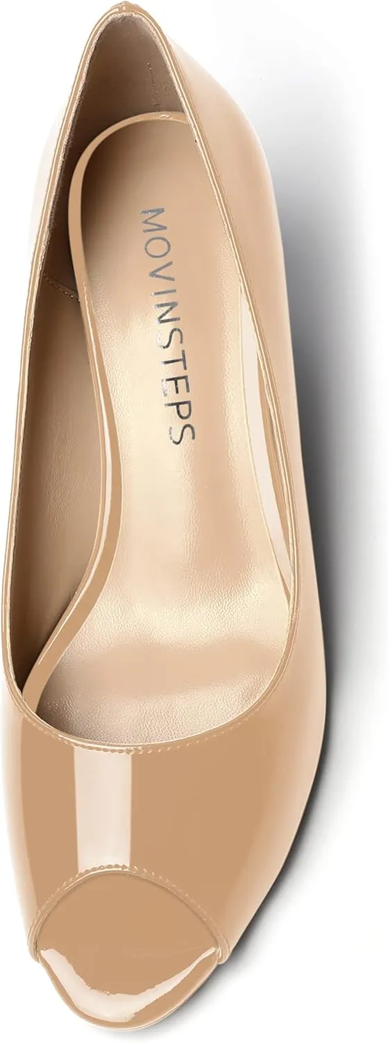 MOVINSTEPS Womens Patent Peep Toe Fashion Slip On Party Open Toe Wedge Low Heel Pumps Shoes 2 Inch