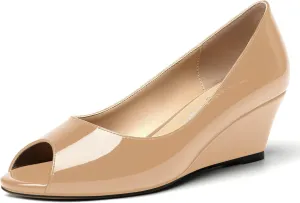 MOVINSTEPS Womens Patent Peep Toe Fashion Slip On Party Open Toe Wedge Low Heel Pumps Shoes 2 Inch