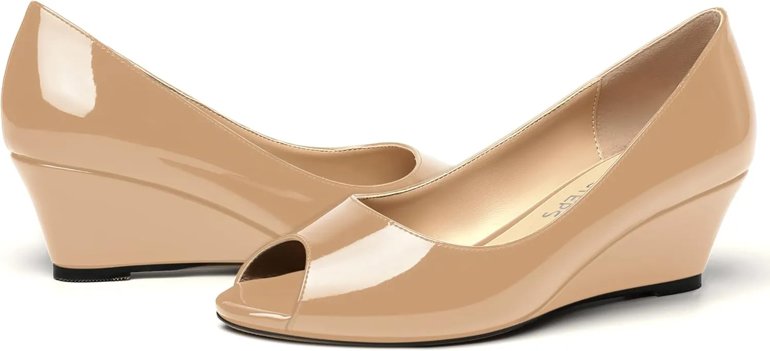 MOVINSTEPS Womens Patent Peep Toe Fashion Slip On Party Open Toe Wedge Low Heel Pumps Shoes 2 Inch