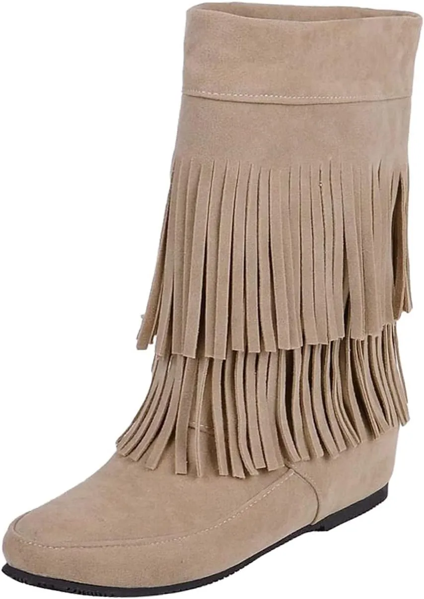 MOYOWEI Women's Vintage 2-Layer Fringe Suede Mid-Calf Boots,Fall Round Toe Hidden Height Lifting Hippie Low Flat High Boots