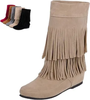 MOYOWEI Women's Vintage 2-Layer Fringe Suede Mid-Calf Boots,Fall Round Toe Hidden Height Lifting Hippie Low Flat High Boots