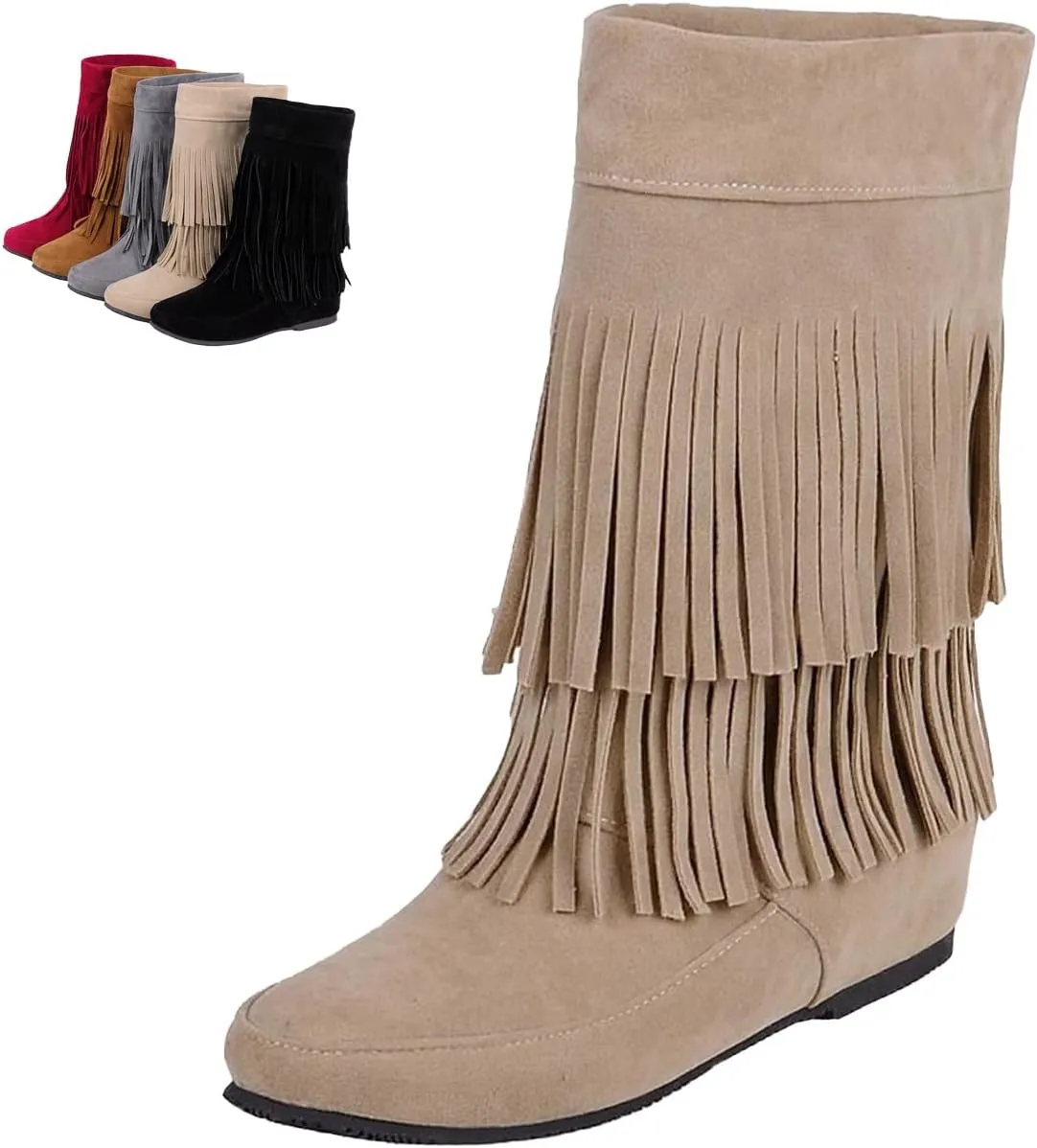 MOYOWEI Women's Vintage 2-Layer Fringe Suede Mid-Calf Boots,Fall Round Toe Hidden Height Lifting Hippie Low Flat High Boots