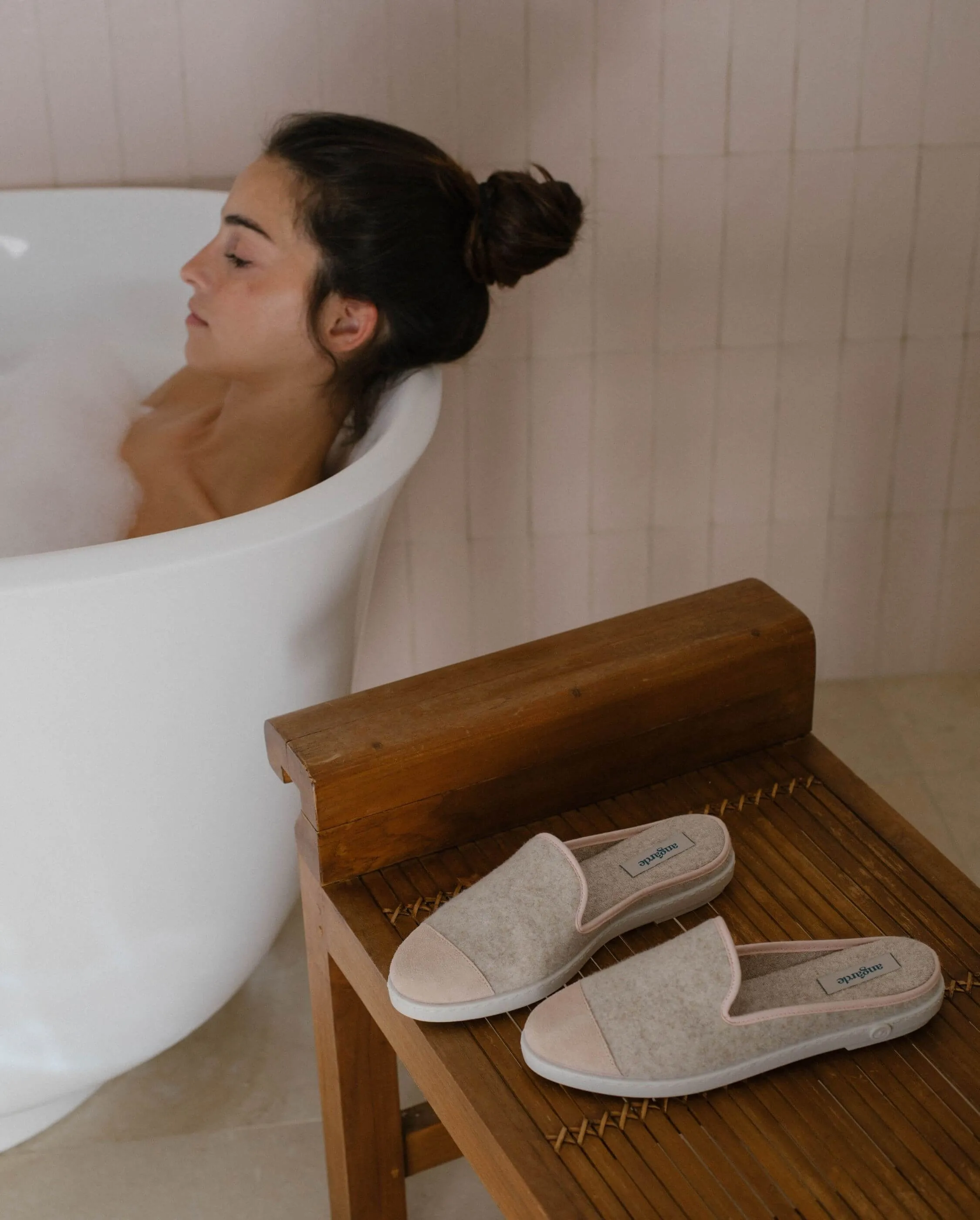 Mule femme laine, beige rose poudré