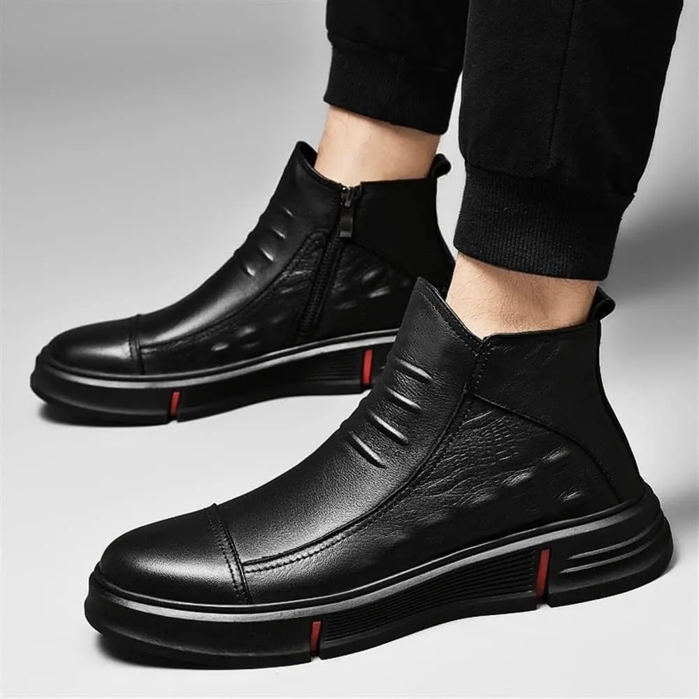 New Chelsea Boots For Men Round Toe Faux Crocodile Print Leather Slip On Waterproof Non Slip Casual Formal