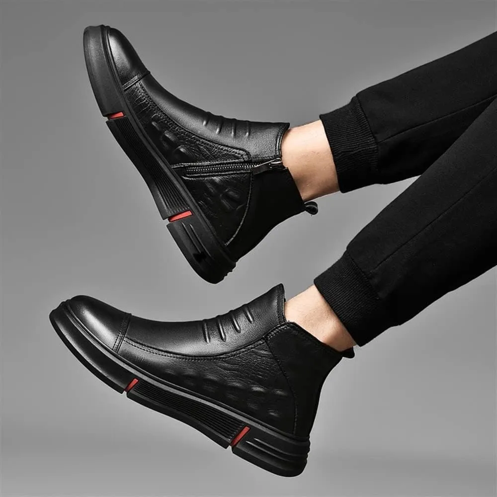 New Chelsea Boots For Men Round Toe Faux Crocodile Print Leather Slip On Waterproof Non Slip Casual Formal