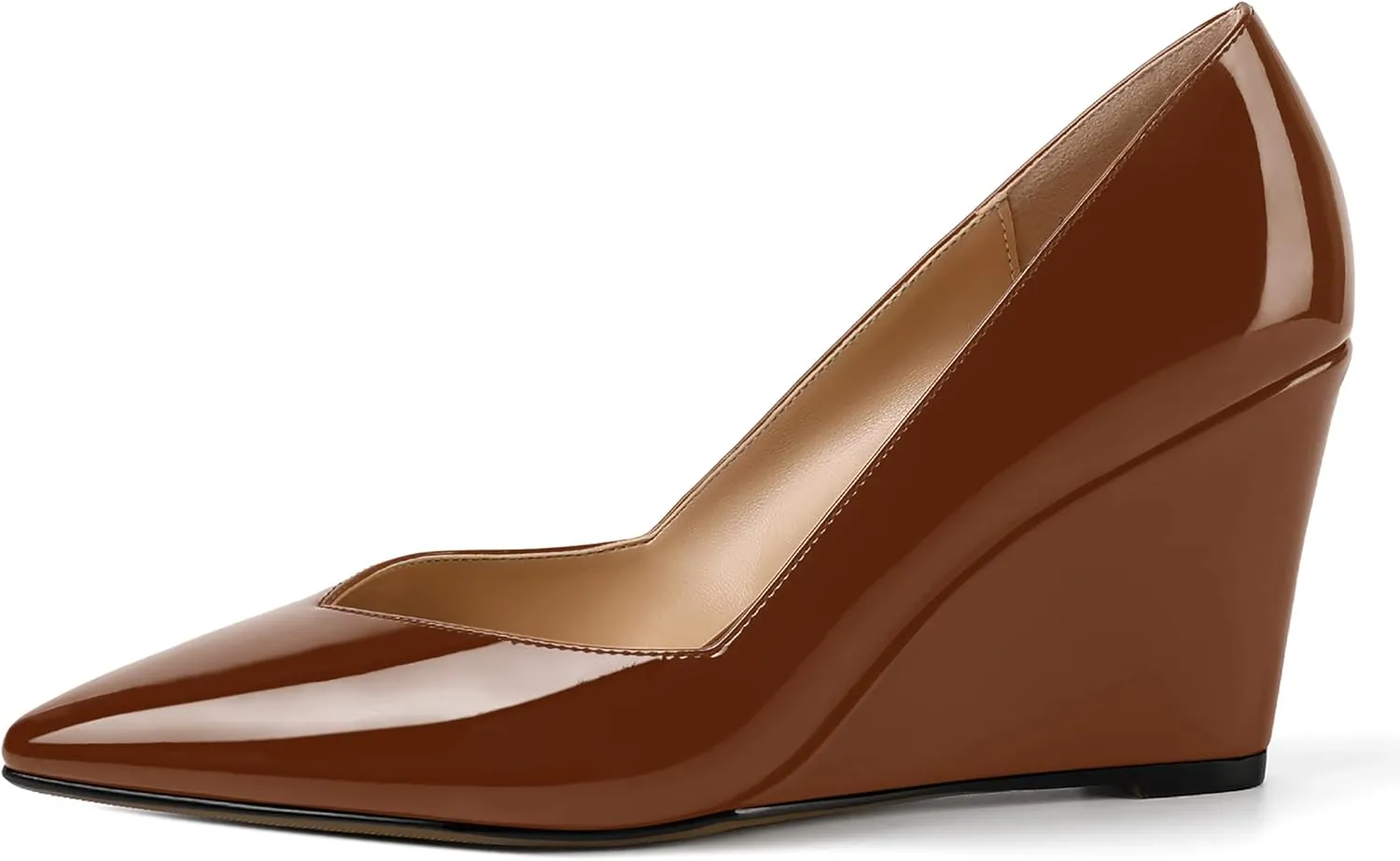NUMALEO Womens Patent Slip On Casual Solid Pointed Toe Office Wedge High Heel Pumps Shoes 3.3 Inch