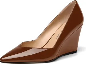 NUMALEO Womens Patent Slip On Casual Solid Pointed Toe Office Wedge High Heel Pumps Shoes 3.3 Inch