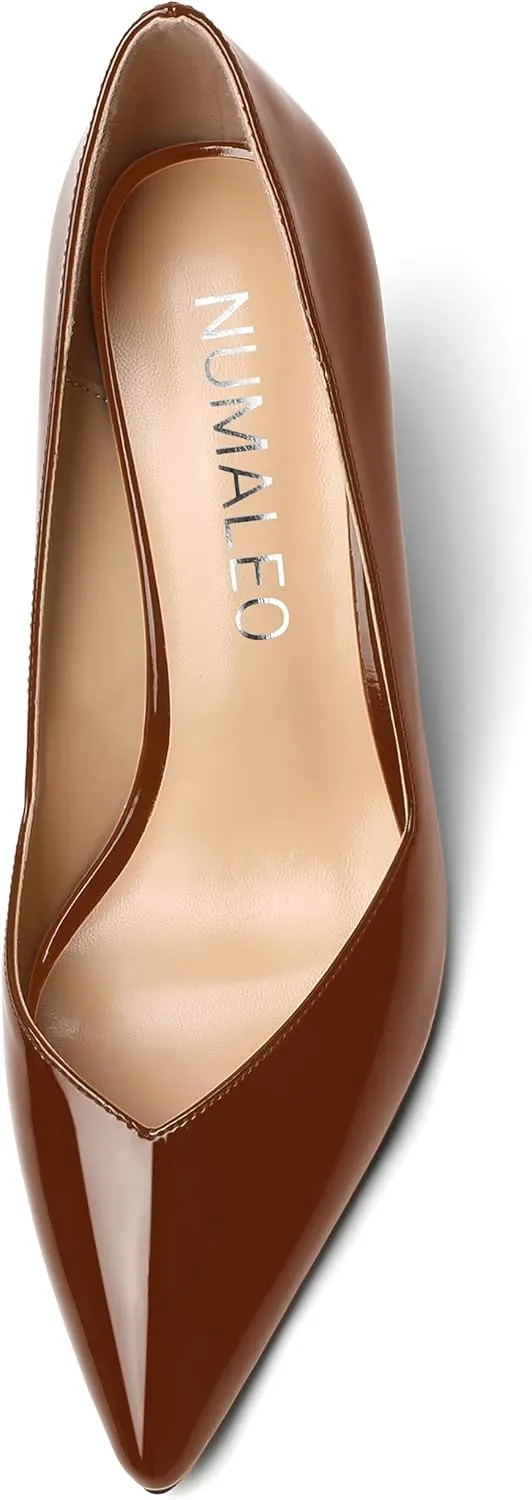 NUMALEO Womens Patent Slip On Casual Solid Pointed Toe Office Wedge High Heel Pumps Shoes 3.3 Inch