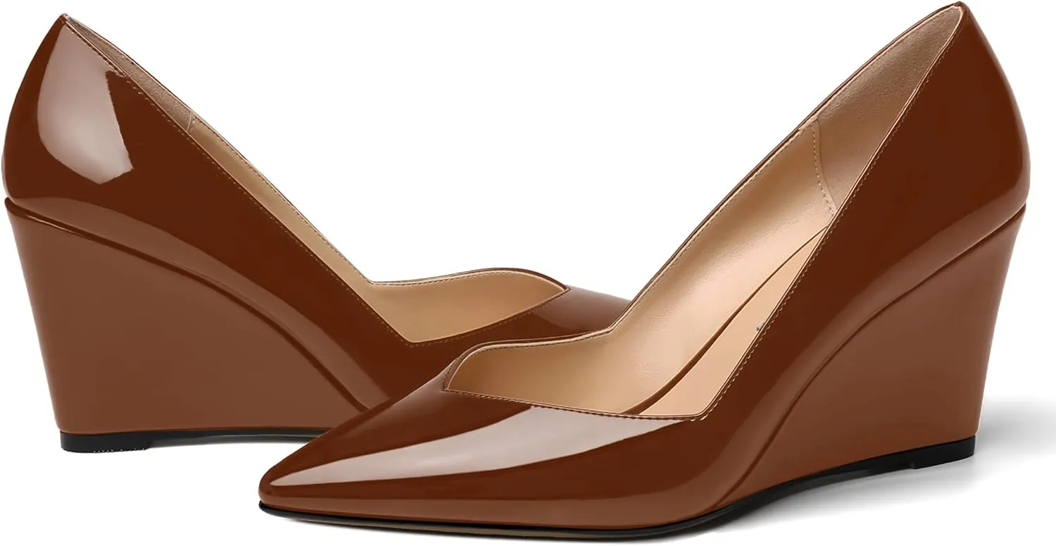 NUMALEO Womens Patent Slip On Casual Solid Pointed Toe Office Wedge High Heel Pumps Shoes 3.3 Inch