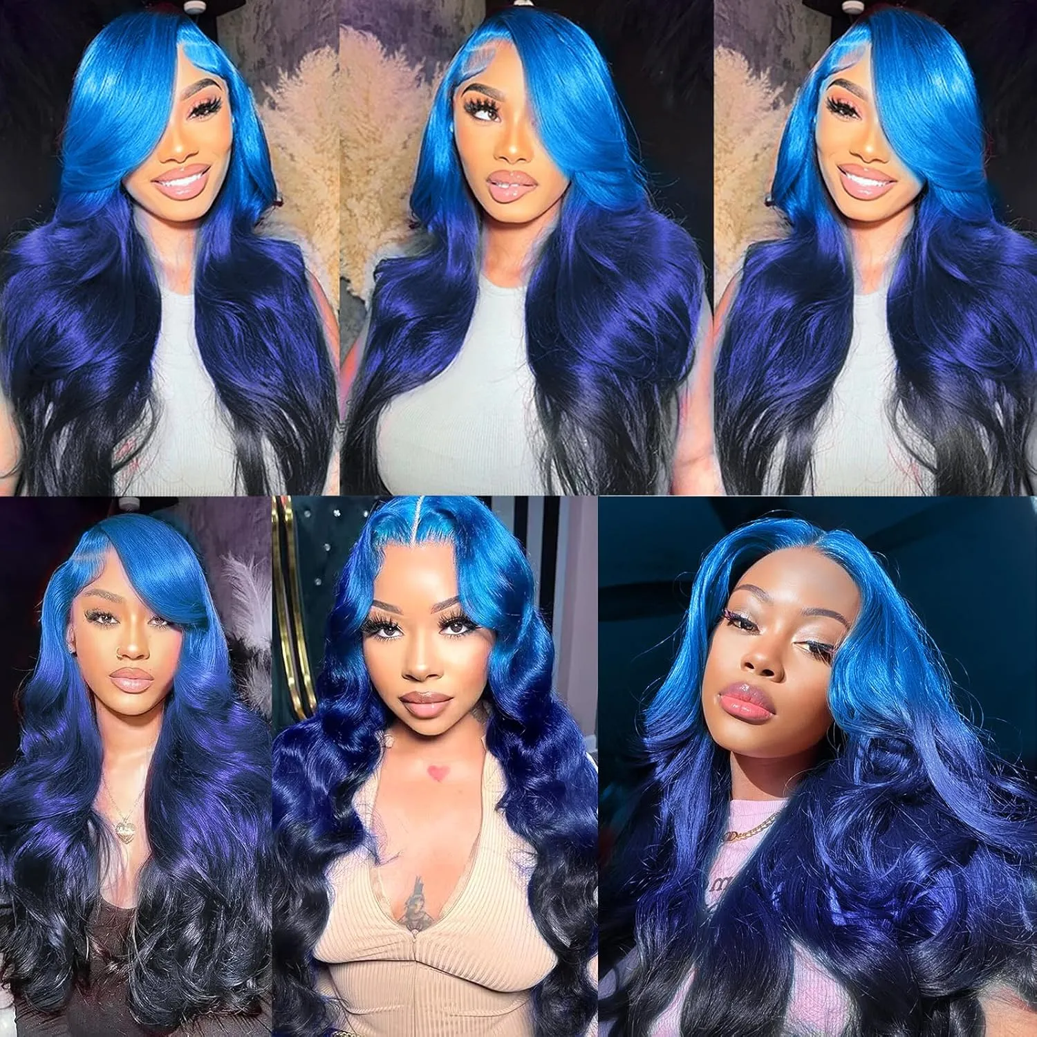 Ombre Blue Lace Front Wig Human Hair 3 Tones Navy Blue to Dark Blue Human Hair Wig Body Wave Hd Lace Frontal Wig 13x4 Pre Plucked With Baby Hair Multi Colored Blue Ombre Wig 28 Inchs 150% Density