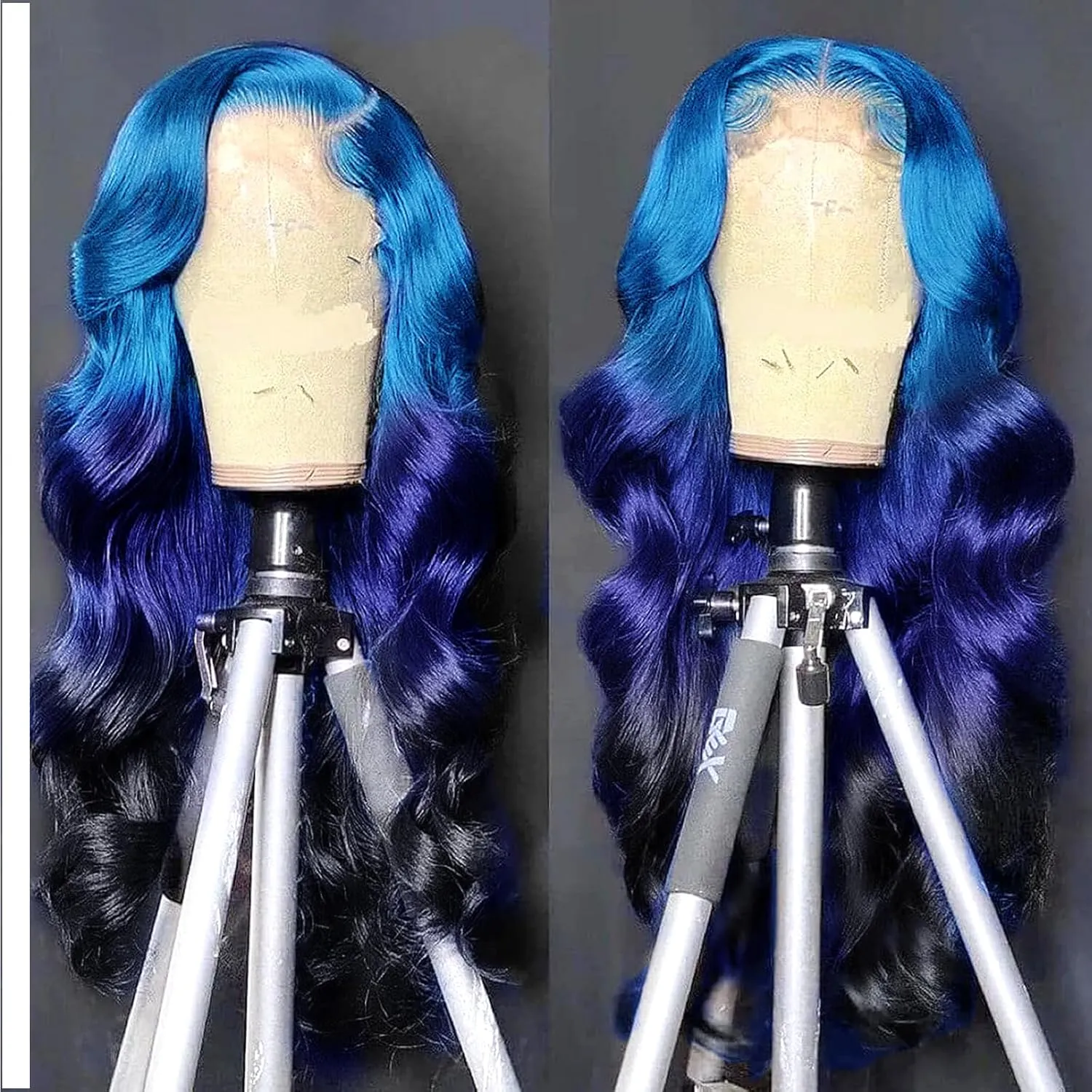 Ombre Blue Lace Front Wig Human Hair 3 Tones Navy Blue to Dark Blue Human Hair Wig Body Wave Hd Lace Frontal Wig 13x4 Pre Plucked With Baby Hair Multi Colored Blue Ombre Wig 28 Inchs 150% Density