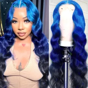 Ombre Blue Lace Front Wig Human Hair 3 Tones Navy Blue to Dark Blue Human Hair Wig Body Wave Hd Lace Frontal Wig 13x4 Pre Plucked With Baby Hair Multi Colored Blue Ombre Wig 28 Inchs 150% Density
