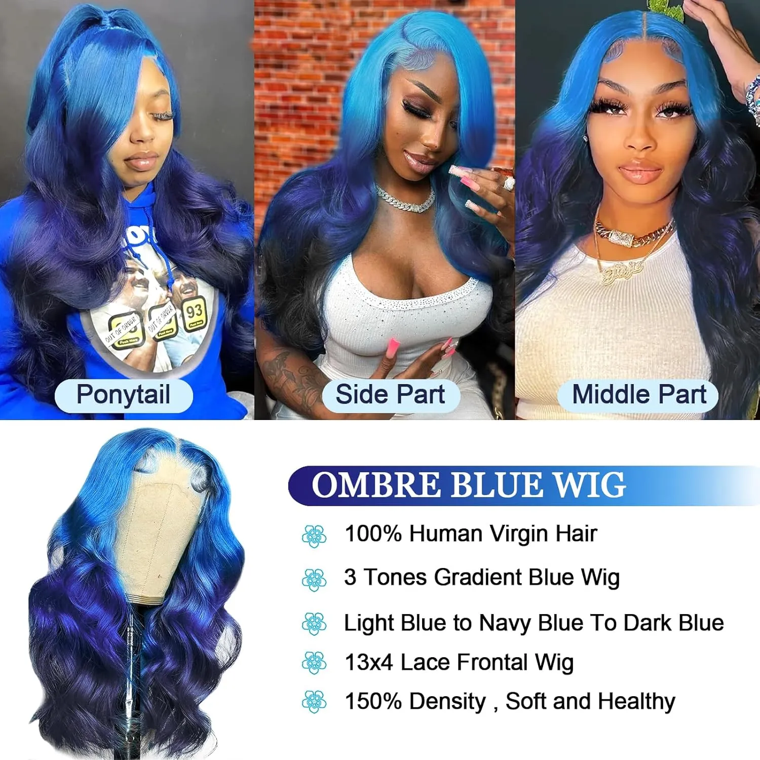 Ombre Blue Lace Front Wig Human Hair 3 Tones Navy Blue to Dark Blue Human Hair Wig Body Wave Hd Lace Frontal Wig 13x4 Pre Plucked With Baby Hair Multi Colored Blue Ombre Wig 28 Inchs 150% Density