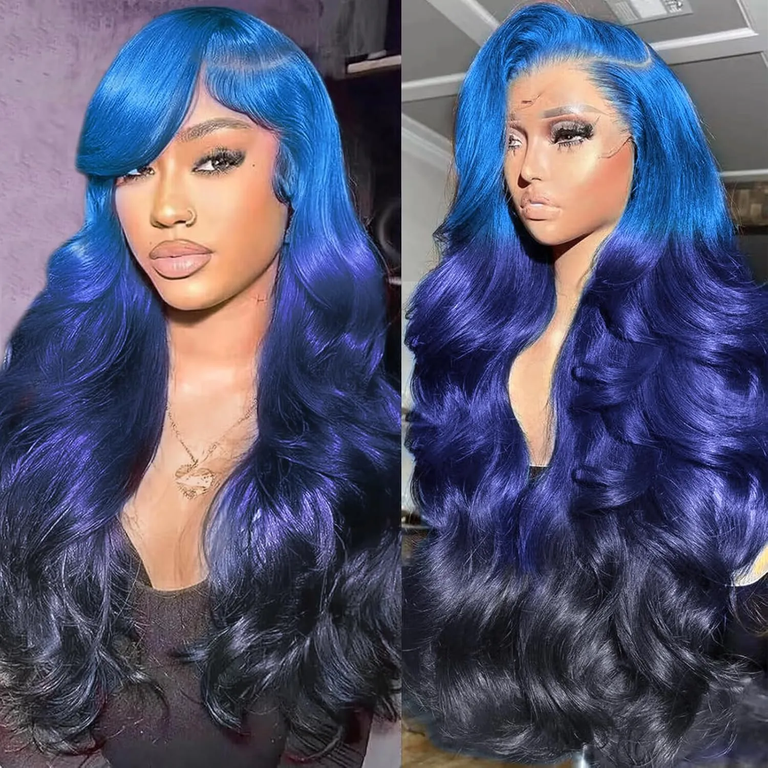 Ombre Blue Lace Front Wig Human Hair 3 Tones Navy Blue to Dark Blue Human Hair Wig Body Wave Hd Lace Frontal Wig 13x4 Pre Plucked With Baby Hair Multi Colored Blue Ombre Wig 28 Inchs 150% Density