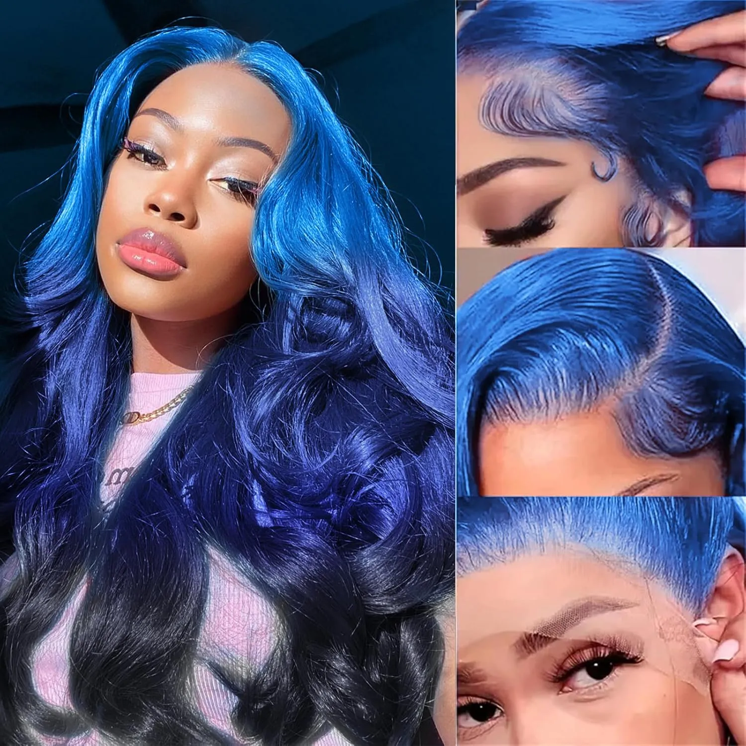 Ombre Blue Lace Front Wig Human Hair 3 Tones Navy Blue to Dark Blue Human Hair Wig Body Wave Hd Lace Frontal Wig 13x4 Pre Plucked With Baby Hair Multi Colored Blue Ombre Wig 28 Inchs 150% Density