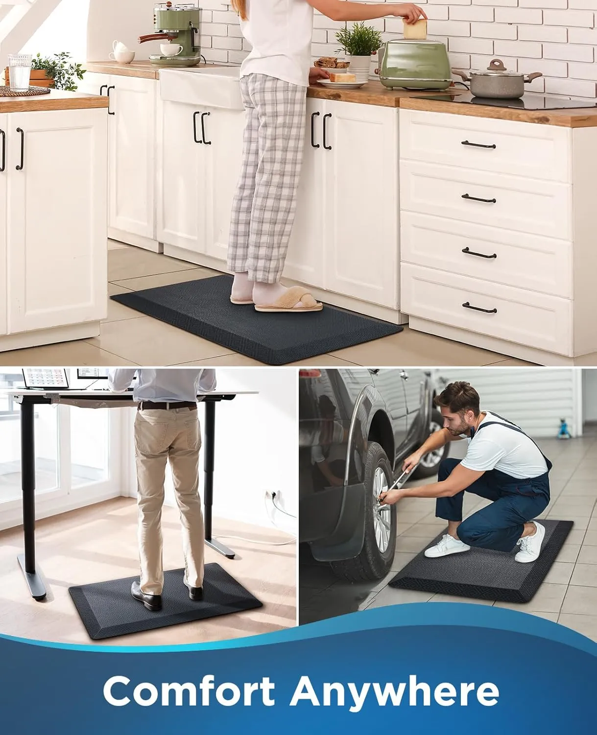 Ophanie Kitchen Mats for Floor, 9/10 inch Thick, 20x32 Anti Fatigue Cushioned Mat, Kitchen Rugs, Waterproof, Comfort Ergonomic Standing Mat for Office, Home, Sink, Black Non-Slip Ridged Bottom