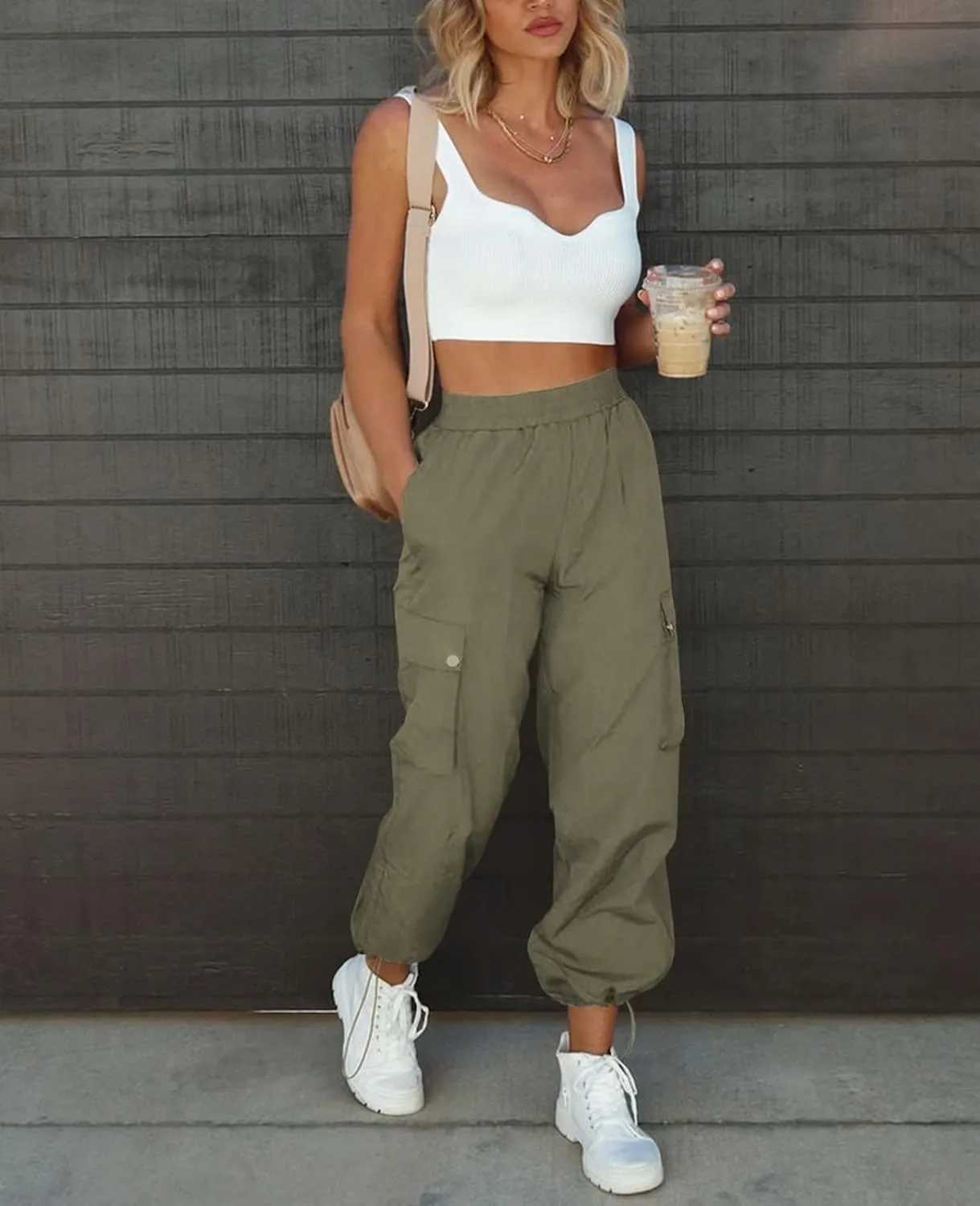 Parachute Pants for Women, Elastic High Waist Y2k Cargo Pants Women Baggy with 4 Pockets