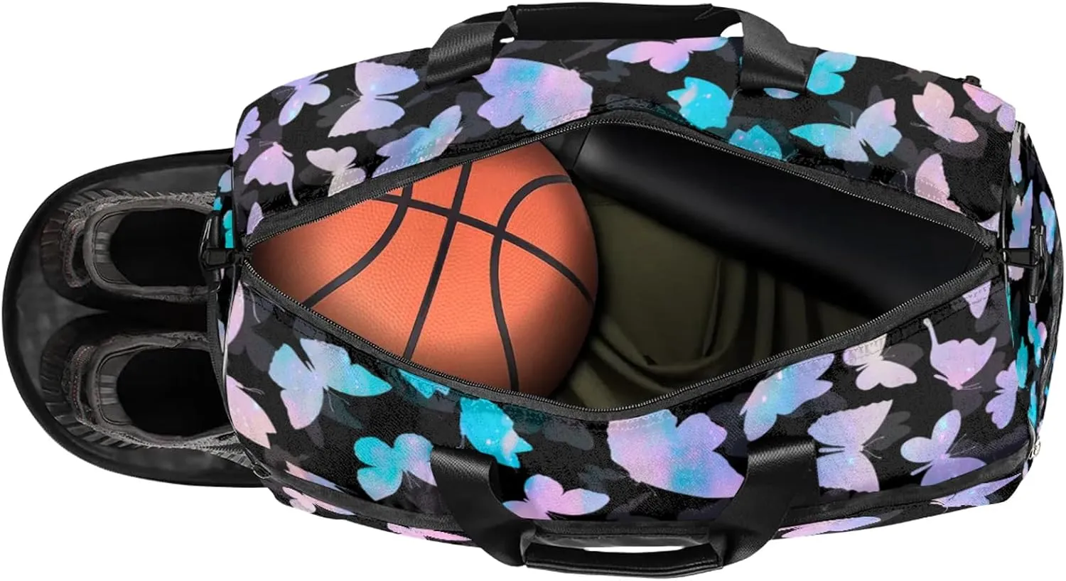 Personalized Butterfly Duffel Bag with Shoes Compartment Custom Name Travel Sports Bag for Women Men Waterproof Dance Ballet Bag Lightweight, Blue Pink Glitter
