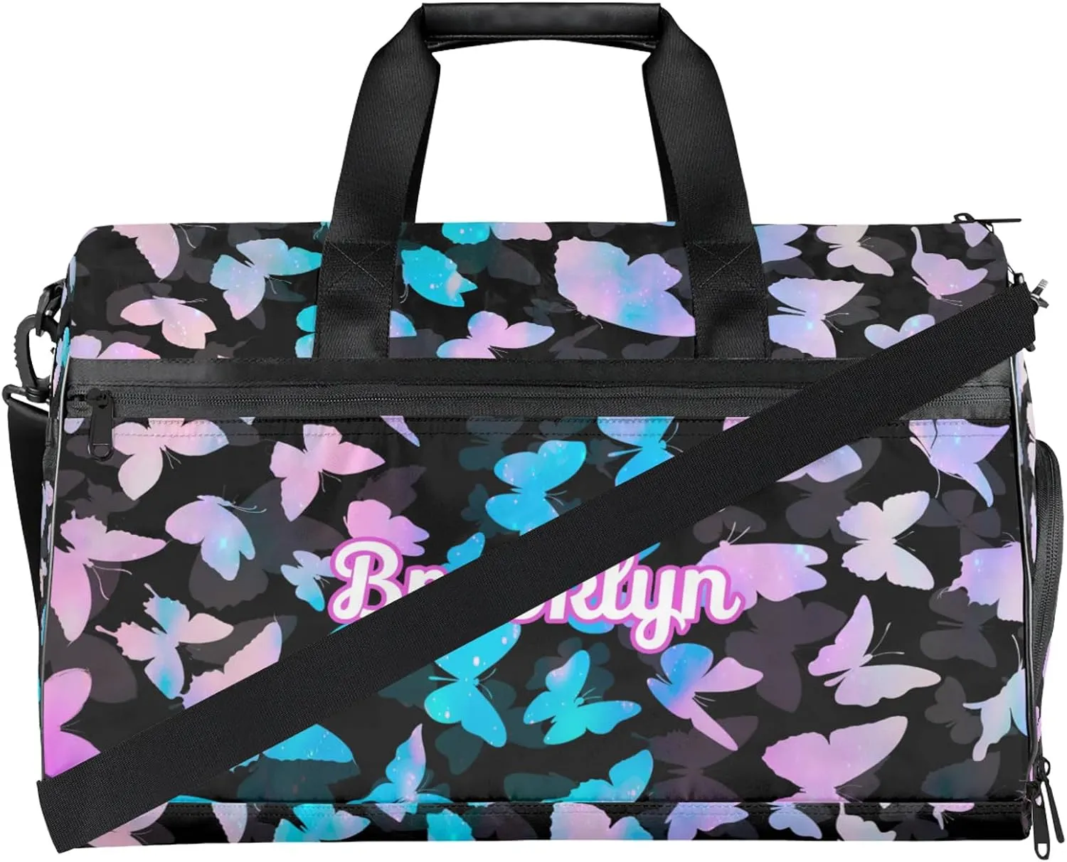 Personalized Butterfly Duffel Bag with Shoes Compartment Custom Name Travel Sports Bag for Women Men Waterproof Dance Ballet Bag Lightweight, Blue Pink Glitter