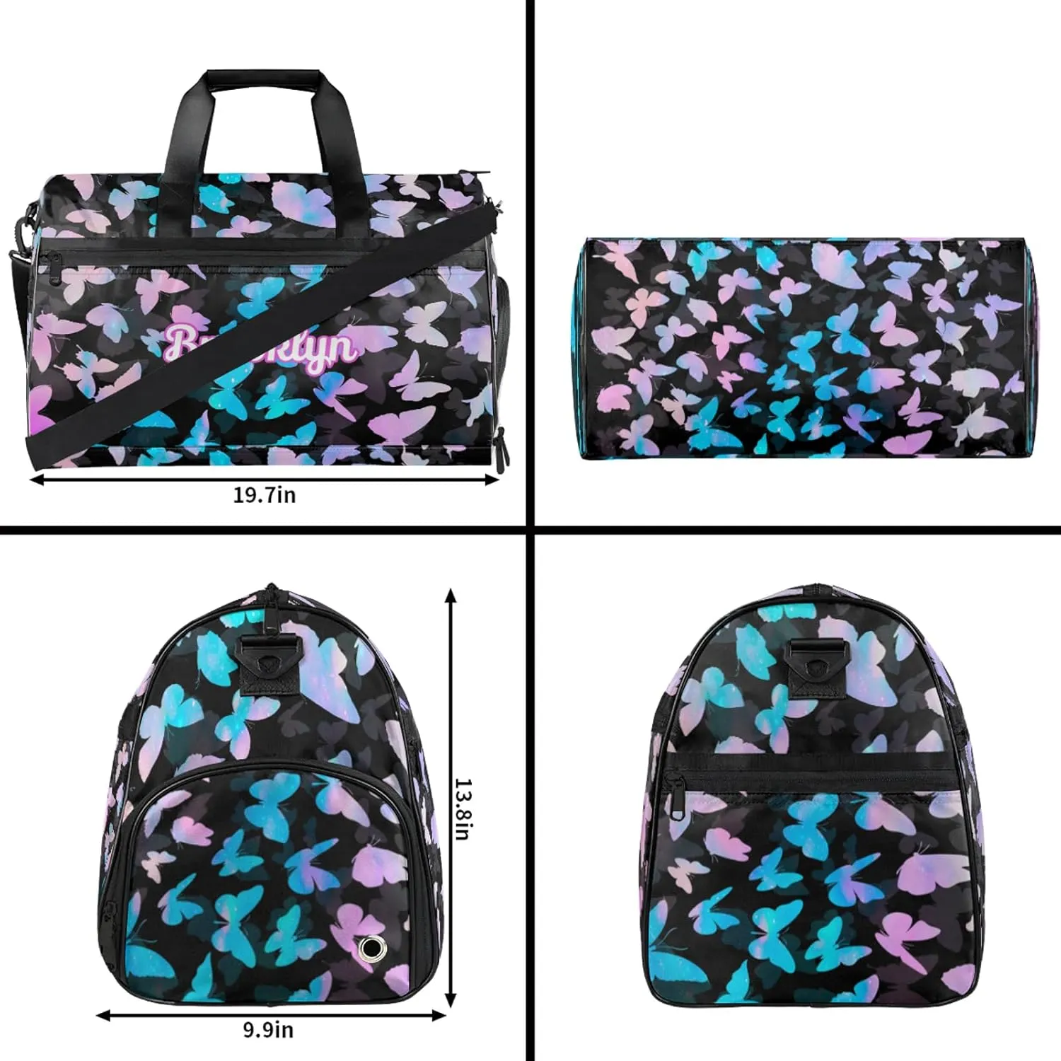Personalized Butterfly Duffel Bag with Shoes Compartment Custom Name Travel Sports Bag for Women Men Waterproof Dance Ballet Bag Lightweight, Blue Pink Glitter