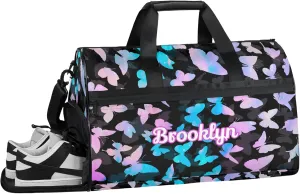 Personalized Butterfly Duffel Bag with Shoes Compartment Custom Name Travel Sports Bag for Women Men Waterproof Dance Ballet Bag Lightweight, Blue Pink Glitter