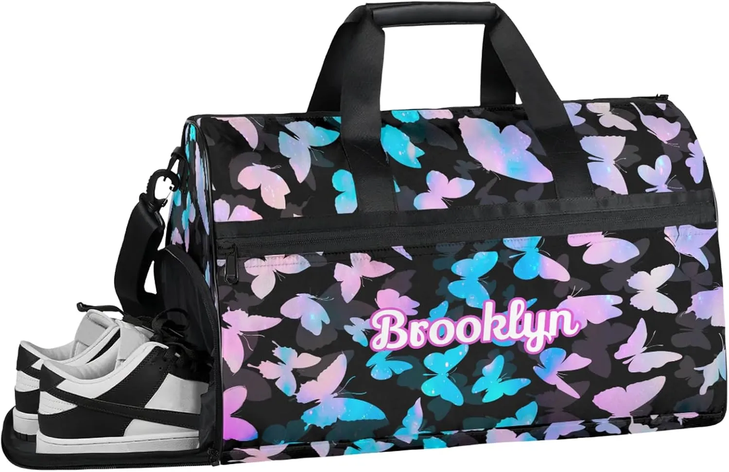 Personalized Butterfly Duffel Bag with Shoes Compartment Custom Name Travel Sports Bag for Women Men Waterproof Dance Ballet Bag Lightweight, Blue Pink Glitter