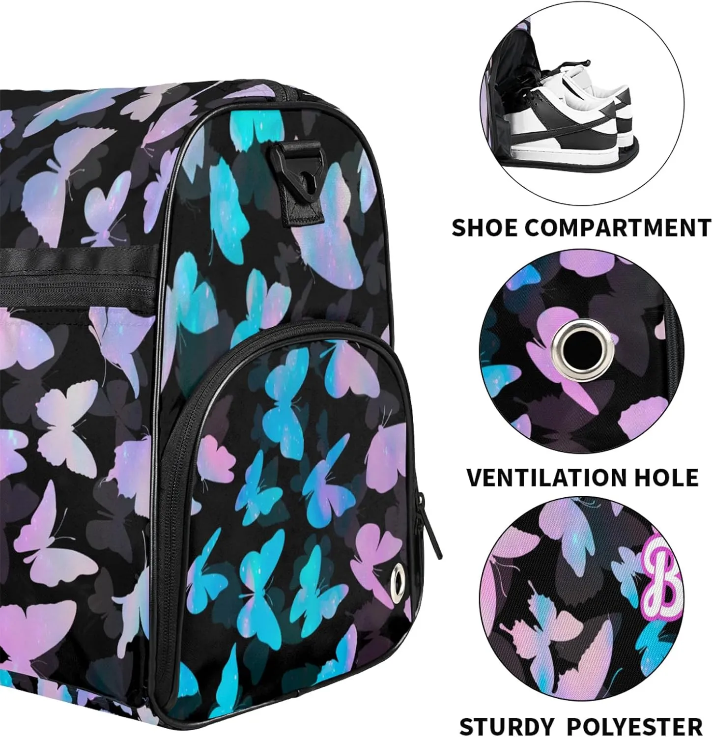 Personalized Butterfly Duffel Bag with Shoes Compartment Custom Name Travel Sports Bag for Women Men Waterproof Dance Ballet Bag Lightweight, Blue Pink Glitter